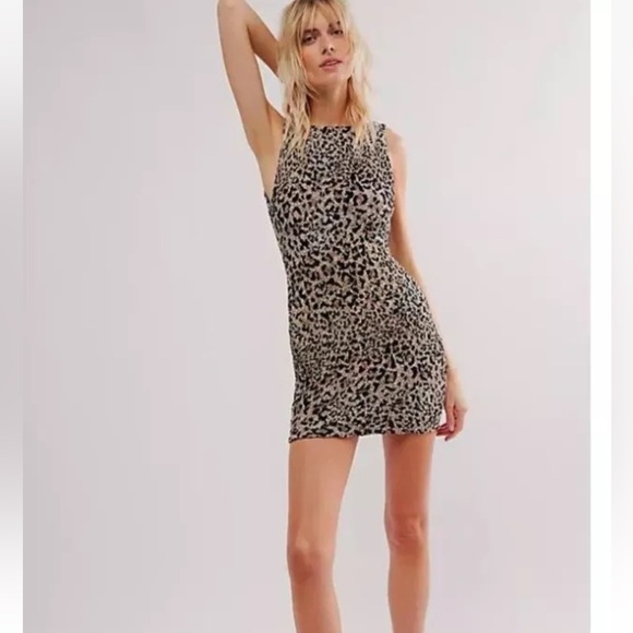 Free People Metallic Leopard Bodycon Mini Dress Gold Black Animal Print Size L - Picture 1 of 10